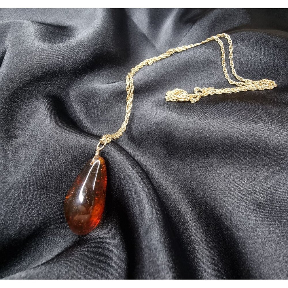 Vintage Genuine Amber Teardrop Pendant Necklace On Gold Filled Chain